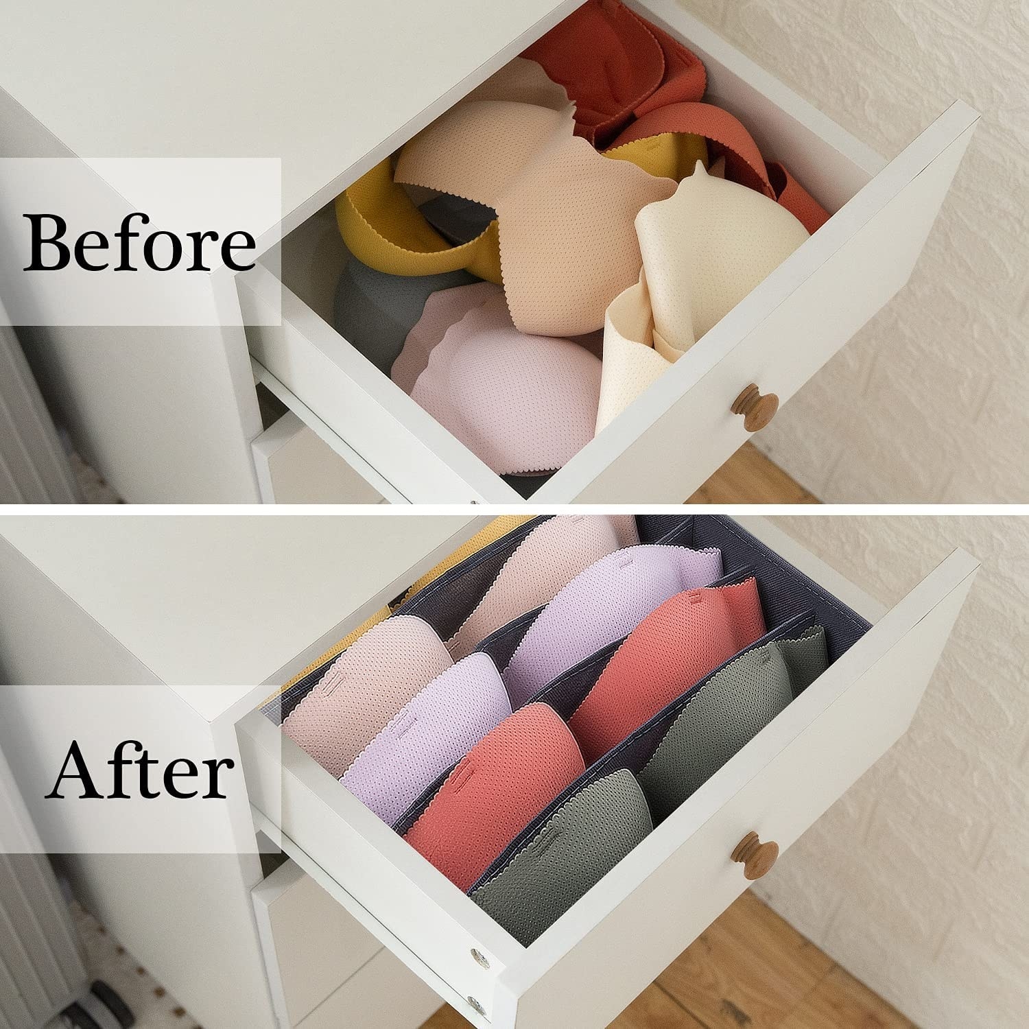 a before and after where the after shows neatly organized bras in a drawer