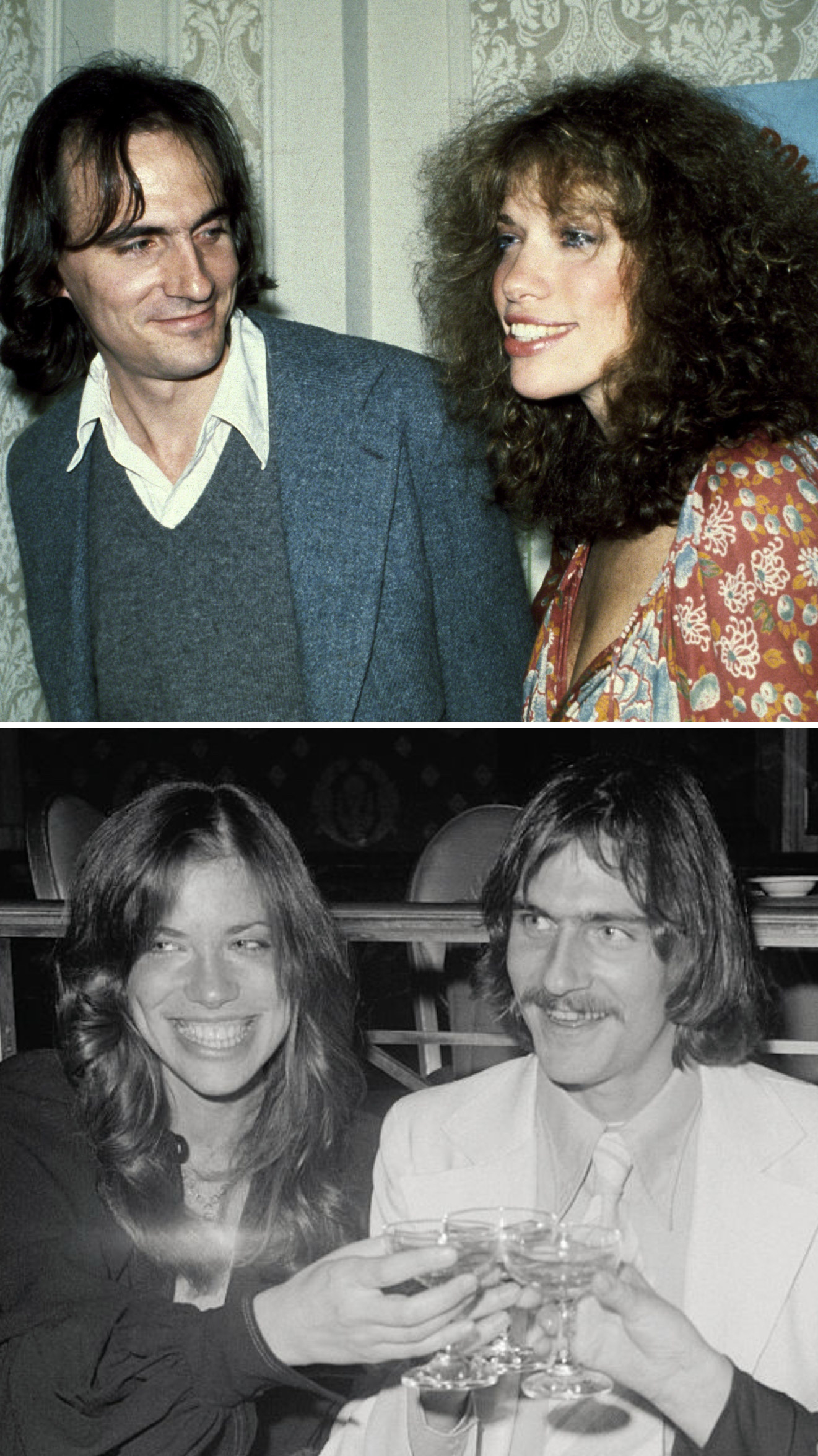 Simon and Taylor in New York City in 1979; Simon and Taylor drinking champagne at an event in 1973