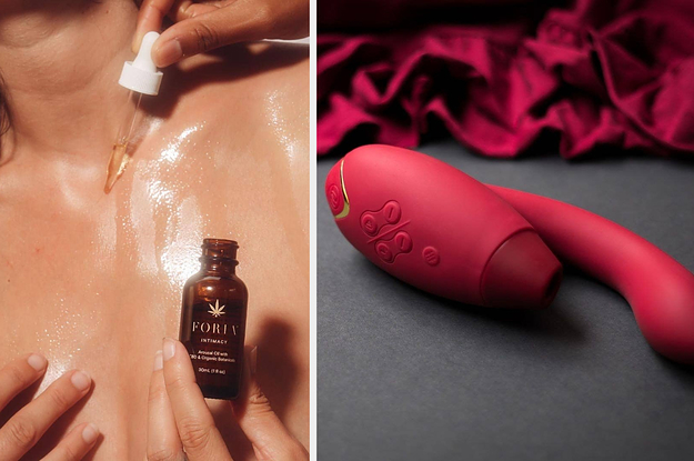 Model applying Foria oil and red dual stimulating vibrator