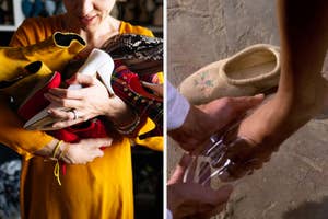 A woman is holding shoes on the left with a glass slipper being put on Cinderella on the right