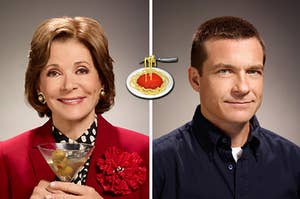 lucille bluth on the left and michael bluth on the right with a spaghetti emoji in between