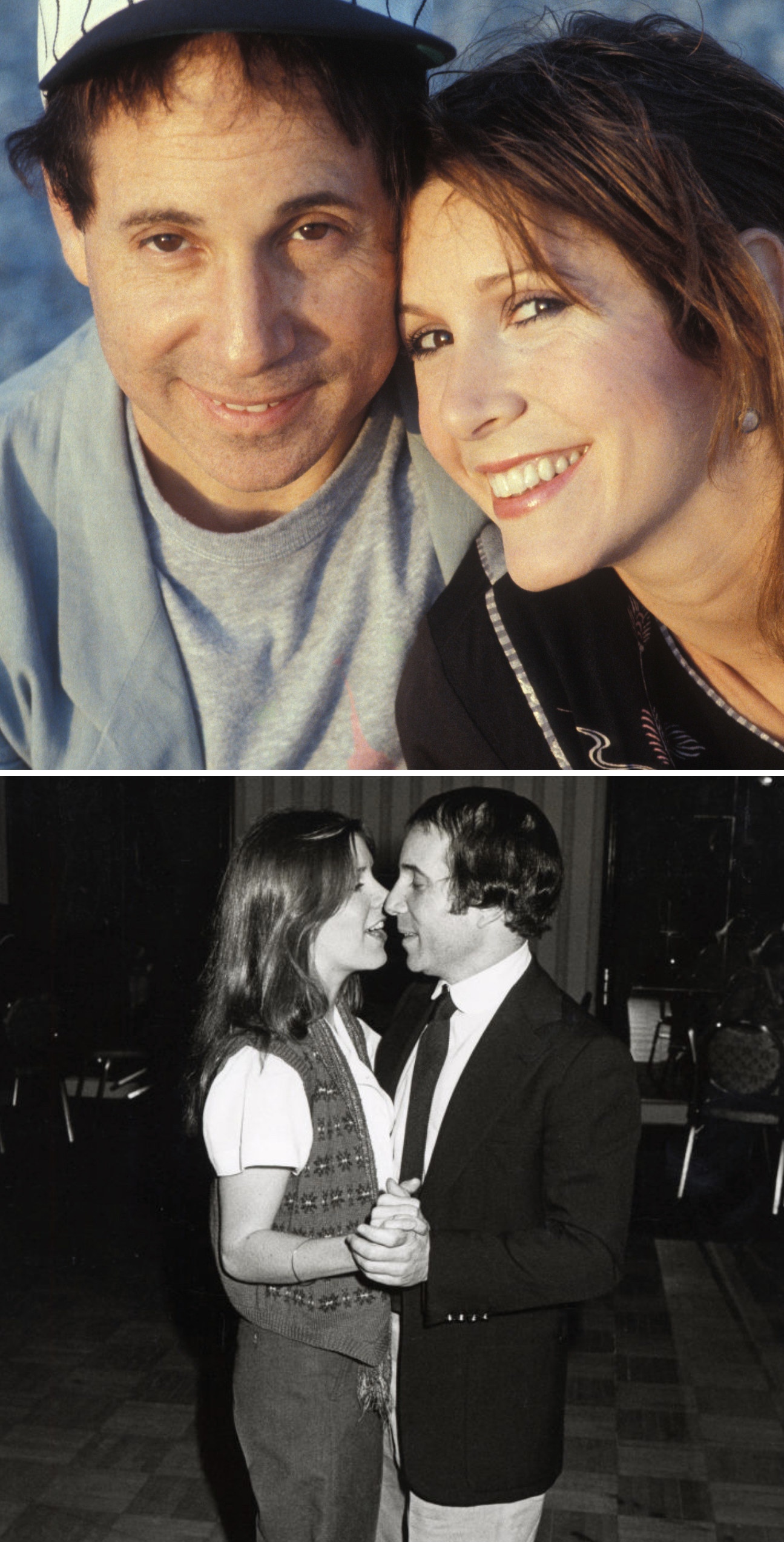 Fisher and Simon posing for a portrait on the beach in 1983; Fisher and Simon dancing at a movie premiere party in 1979