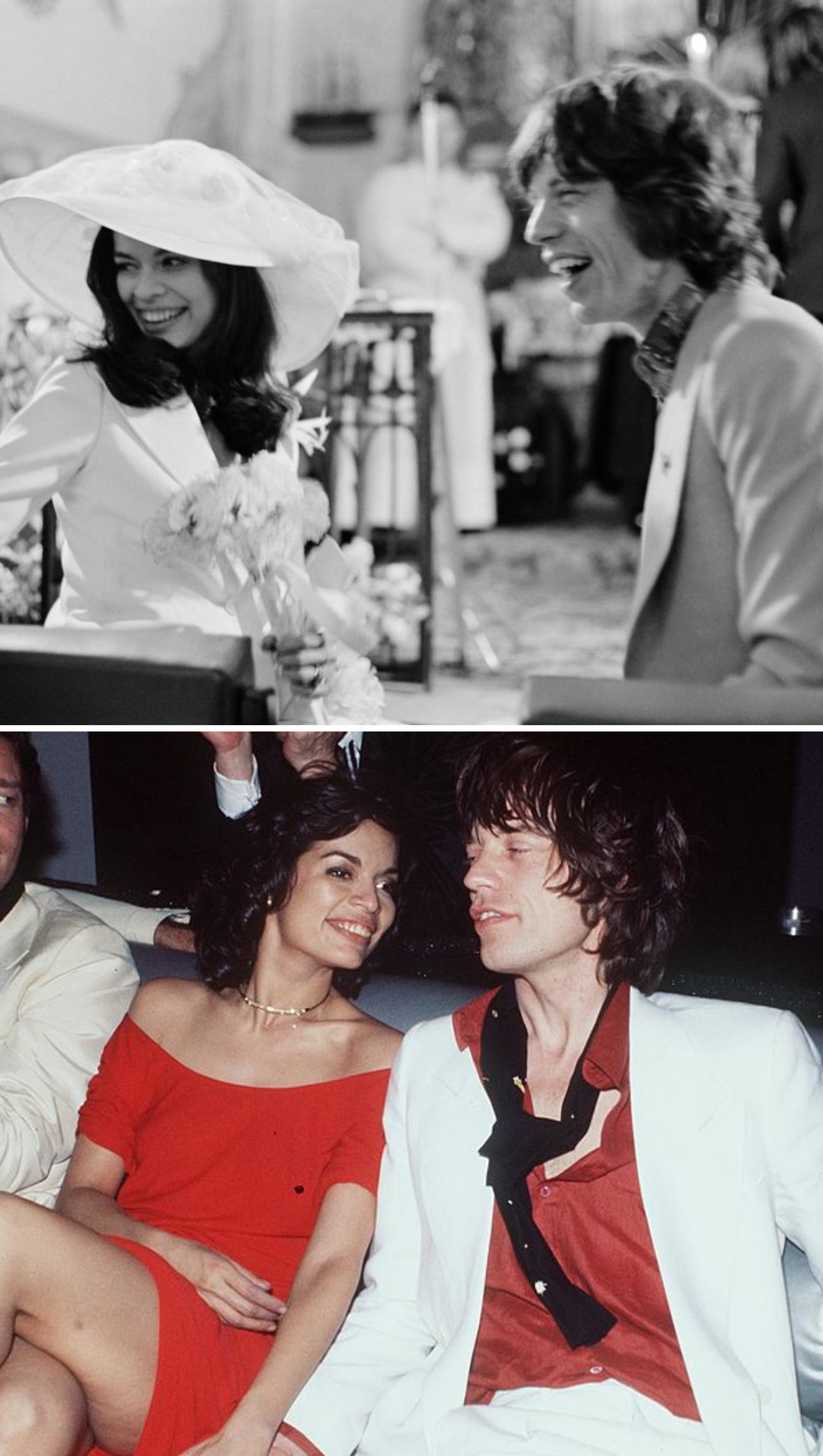 Mick and Bianca getting married in 1971; Mick and Bianca at Studio 54 in 1977
