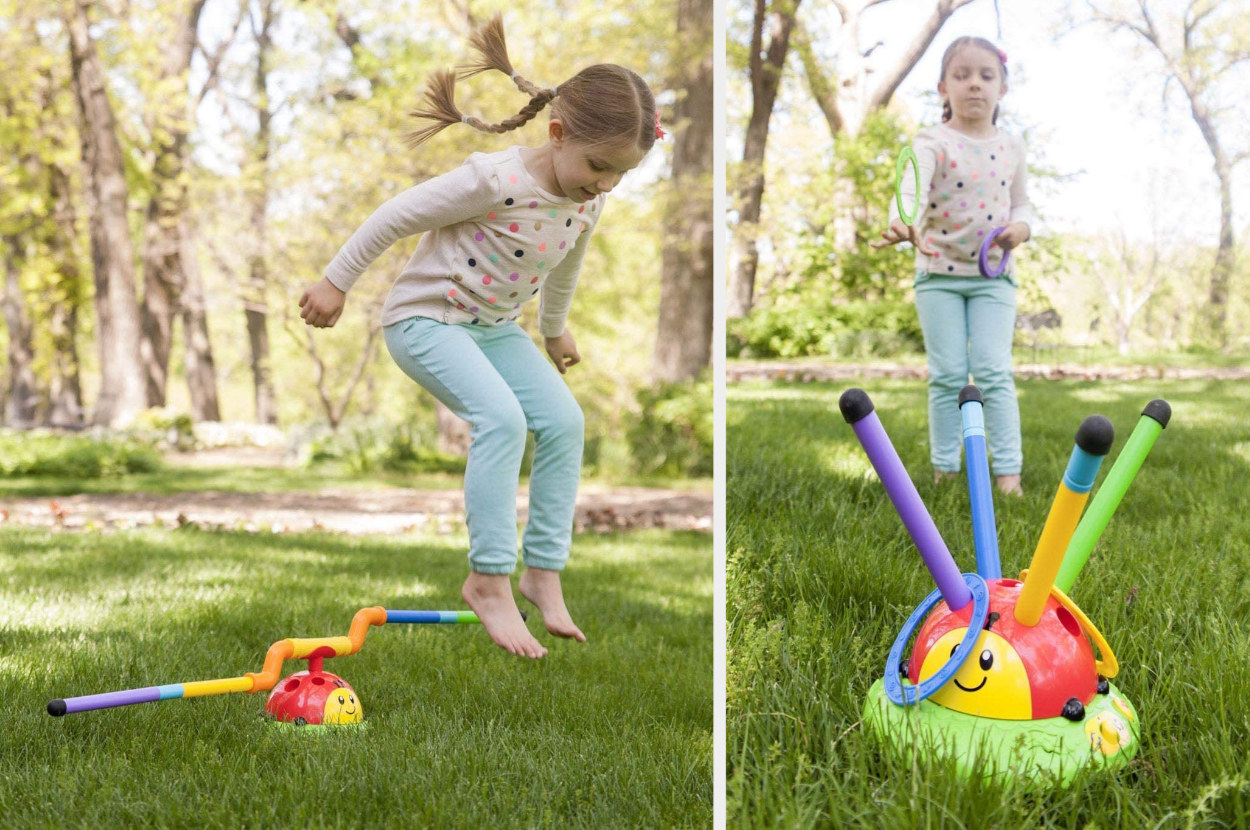 A split image of child model jumping over game and playing ring toss