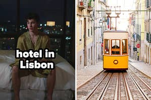 Shwan Mendes is sitting on a bed labeled, "hotel in Lisbon" with a trolly on the right
