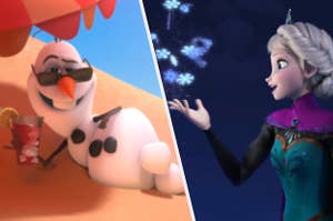 Olaf the snowman lays on a beach with a drink in his hand and Elsa from "Frozen" creates snowflakes in her hand using magic