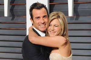 Justin Theroux (L) and Jennifer Aniston arrive at the 2015 Vanity Fair Oscar Party