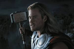 A close up of Thor as he wield Mjölnir, his hammer