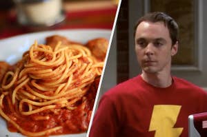 A plate of spaghetti and meatballs and a close up of Sheldon Cooper from "The Big Bang Theory"
