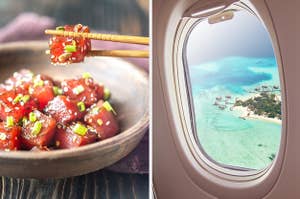 a poke bowl on the left and a tropical island out the window of a plane