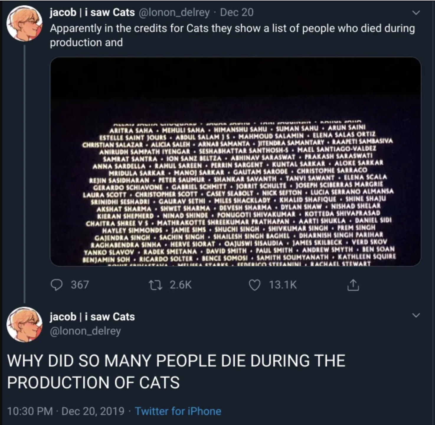 A tweet asking why so many died during production