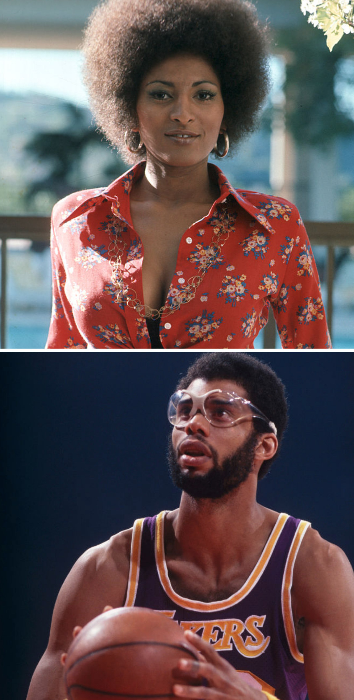 Grier posing for a portrait in LA in 1972; Abdul-Jabbar playing a Lakers game in the mid-&#x27;70s