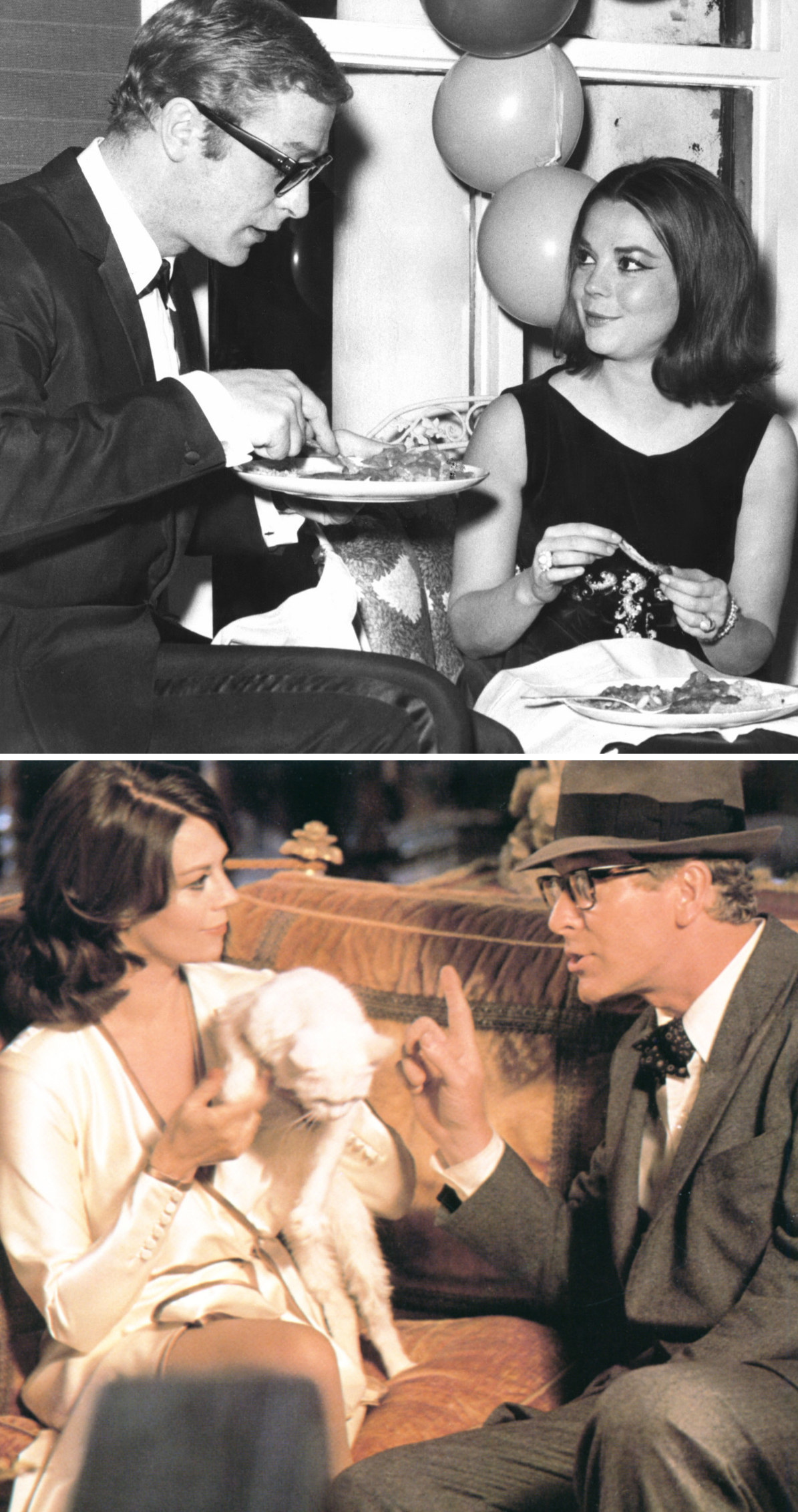 Wood and Caine eating at an entertainment event in 1966; Wood and Caine in &quot;Peeper&quot; in 1975