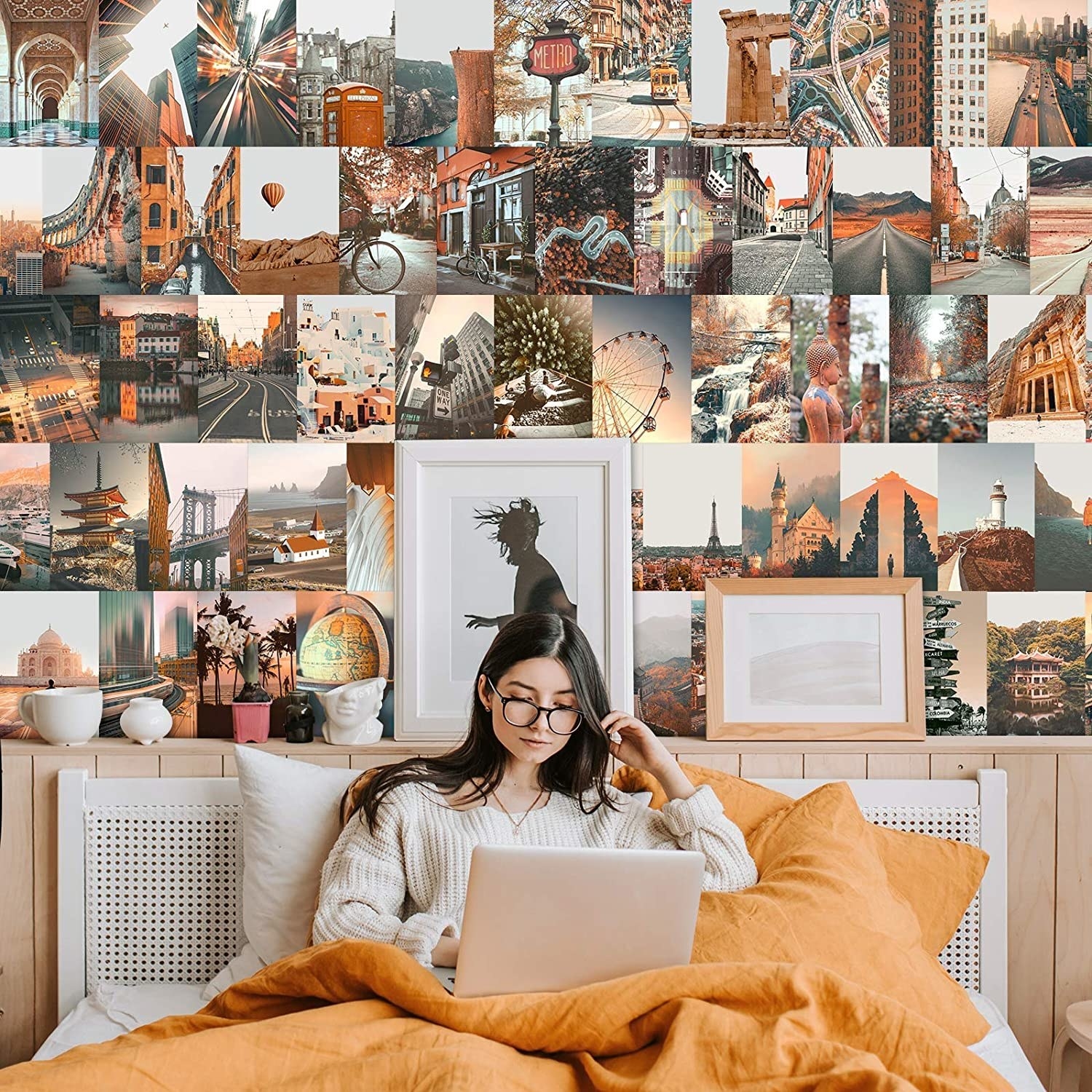 Stock photo of the collage set installed on a bedroom wall