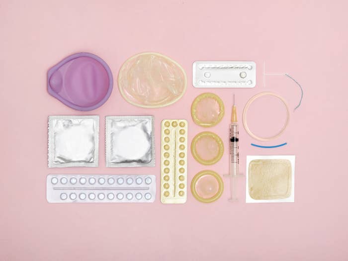 Contraception techniques against a pink background