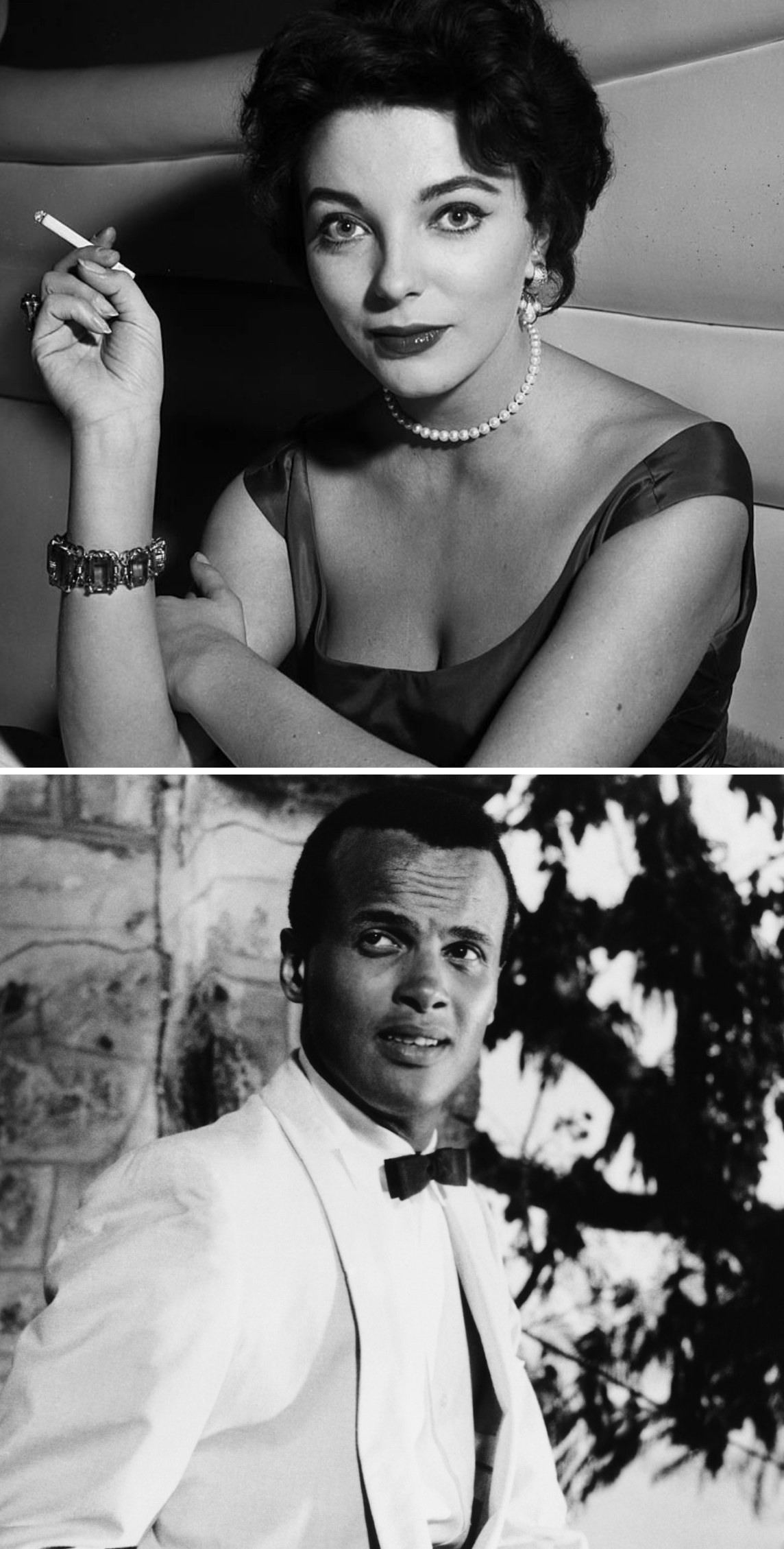 Collins smoking at a cocktail party in 1957; Belafonte in &quot;Island in the Sun&quot; in 1957