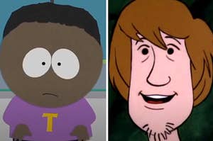 Token looks surprised on the left with Shaggy smiling on the right