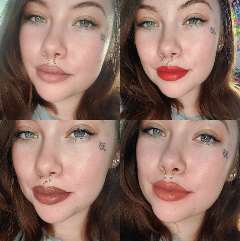reviewer trying on four different shades of lipstick