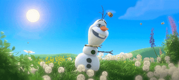 Olaf dancing in a field of flowers
