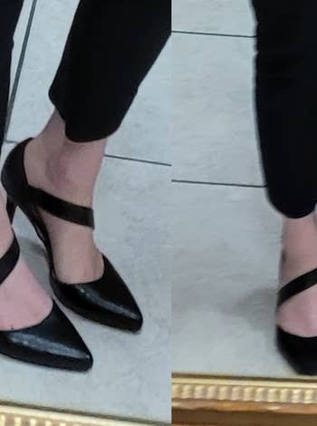 a reviewer photo of someone wearing black pants and the pointed-toe pumps in black 