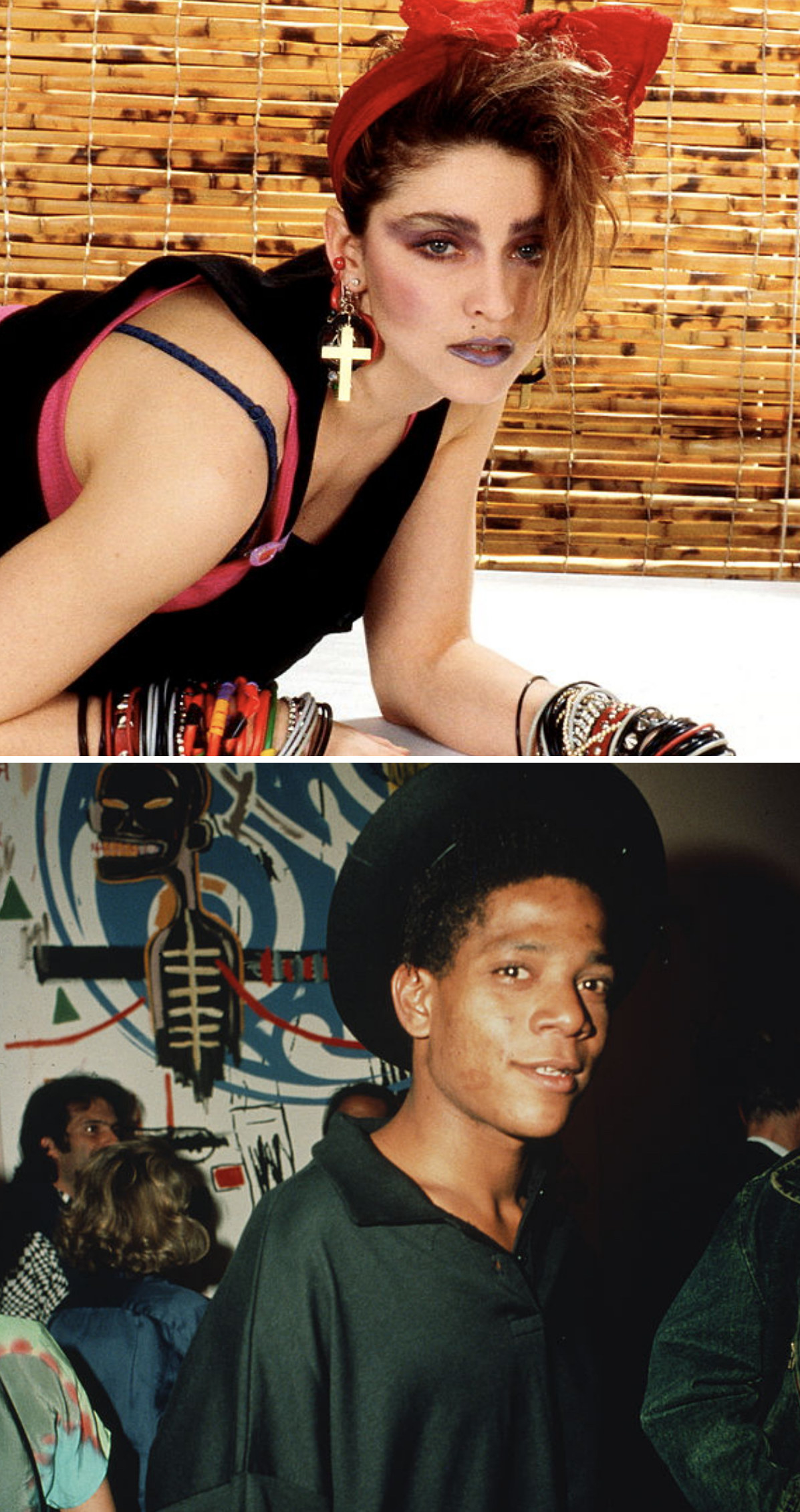Madonna posing for a portrait in New York City in 1984; Basquiat at an art show in 1985