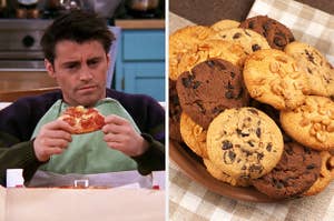 On the left, Joey from Friends sitting with a pizza box in his lap and a slice of pepperoni pizza in his hands, and on the right, various cookies on a plate