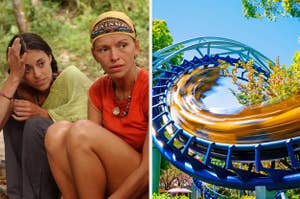 Two people from "Survivor" are in the grass on the left with a roller coaster on the right