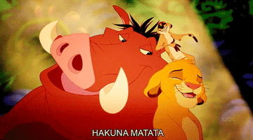 Simba Timon and Pumbaa singing &quot;Hakuna Matata&quot; and leaning in together