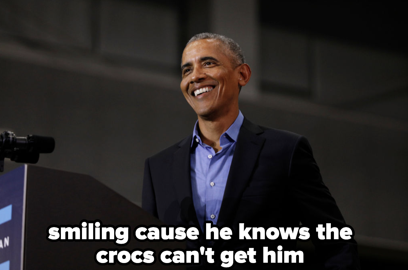 Obama, who&#x27;s smiling cause he knows the crocs can&#x27;t get him