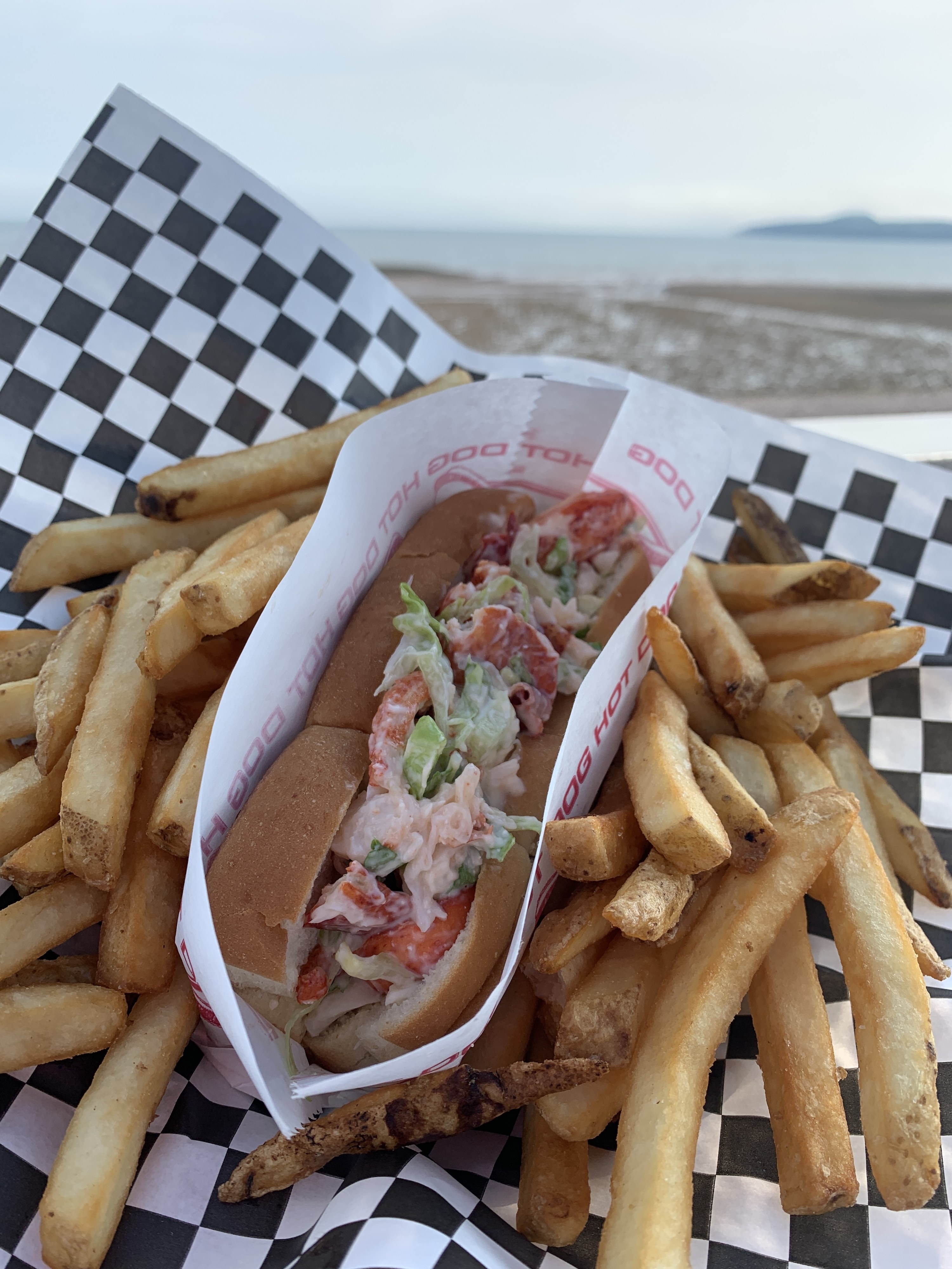 A photo of a lobster roll and fries