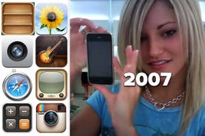 A set of old iPhone app icons next to a photo of iJustine reviewing the original iPhone