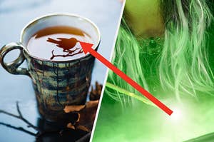 A cup of tea is on the left with an arrow and a witch drawing a spell on the right