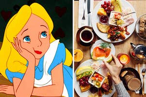 Alice in Wonderland is on the left with a table of breakfast spreads on the right