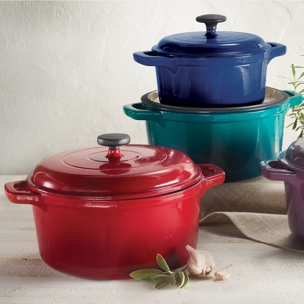 collection of colorful dutch ovens