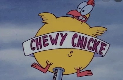 The Chewy Chicken sign — a large chicken with &quot;Chewy Chicken&quot; in a banner across its middle