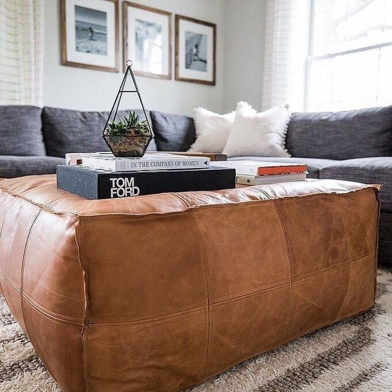 the large brown leather ottoman with books and a plant stacked on it