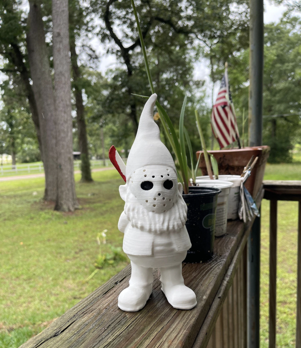 garden gnome with hockey mask that resembles Jason Vorhees from Friday the 13th
