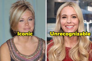 Kate Gosselin with a short pixie cut and with long blonde hair 