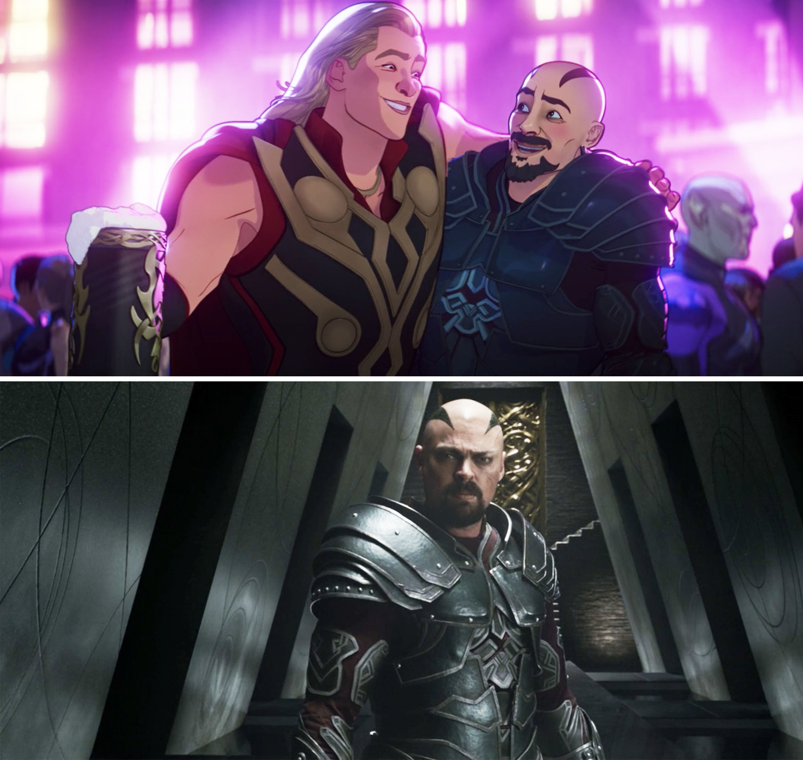 Animated Thor giving Skurge a hug; Skurge in the series