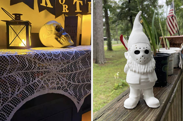 fireplace mantel with cobweb design decoration on it, Jason Vorhees style garden gnome