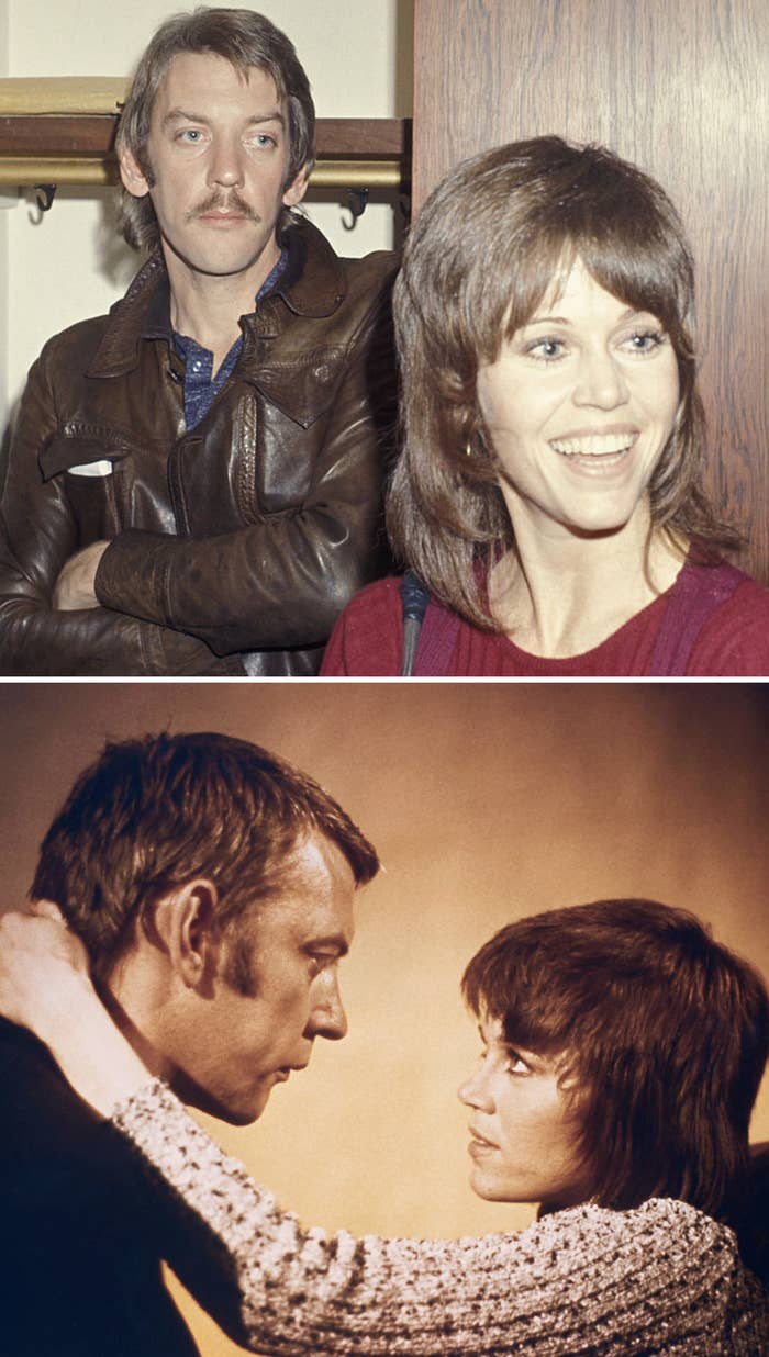 Fonda and Sutherland at an anti-Vietnam war demonstration in 1971; Fonda and Sutherland on the set of &quot;Klute&quot;