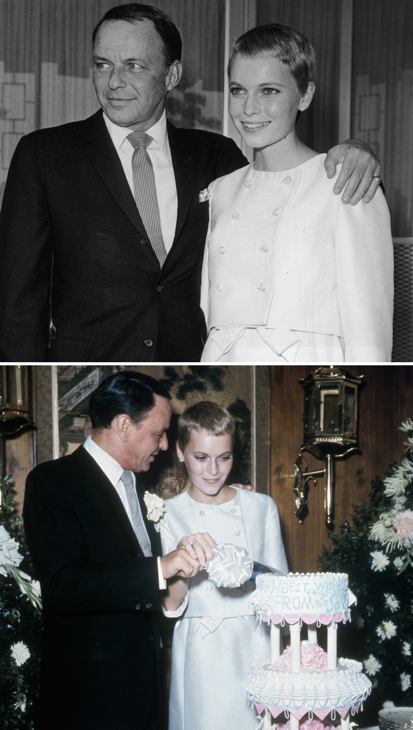 Farrow and Sinatra on their wedding day in 1966, cutting cake