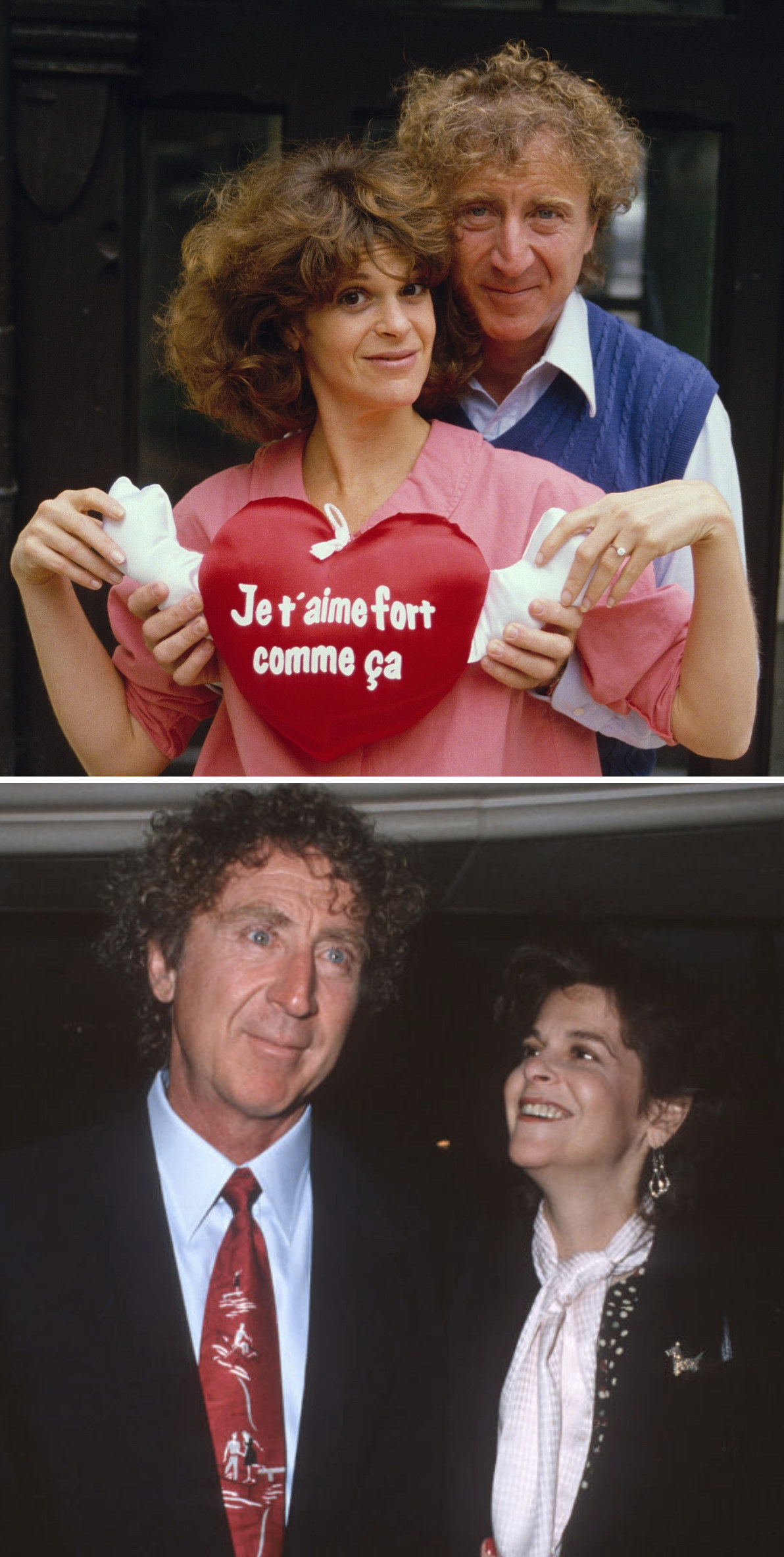 Wilder and Radner posing with a heart-shaped pillow at an event in 1984; Wilder and Radner at a wellness center benefit in 1989