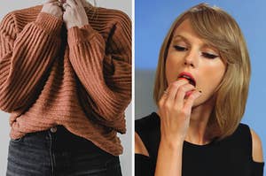 On the left, someone wearing a cozy sweater, and on the right, Taylor Swift placing a strawberry in her mouth