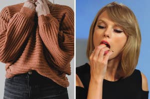 On the left, someone wearing a cozy sweater, and on the right, Taylor Swift placing a strawberry in her mouth
