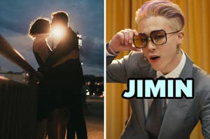 On the left, a couple kissing by the light of a streetlight, and on the right, Jimin from BTS in the Butter music video