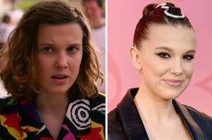 Eleven looks concerned on the left with Millie Bobby Brown smiling on the right