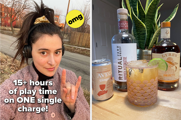 left image: editor rachel dunkel wearing marshal headphones, right image: avec spirit sampler