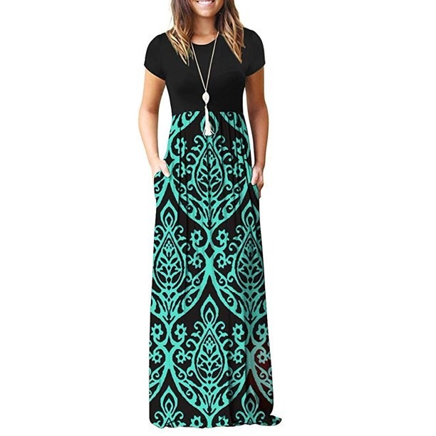 The dress with a black top half and patterned blue bottom skirt