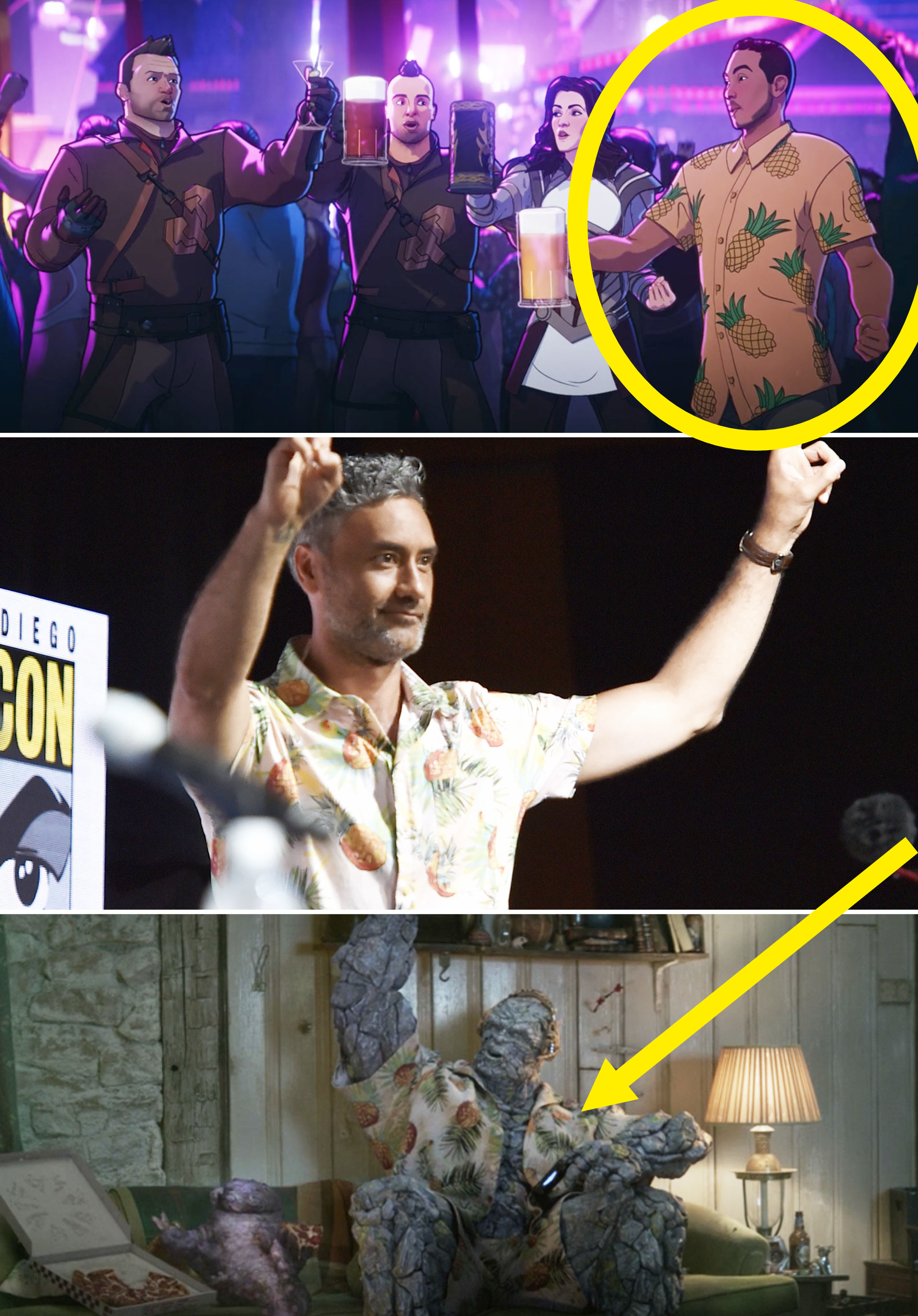 A guy at Thor&#x27;s party in a pineapple shirt, Taika Waititi wearing one, vs Korg wearing one